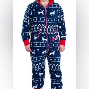 TIPSY ELVES Blue Reindeer Fleece Hooded One Piece Jumpsuit Pajamas Men's XL